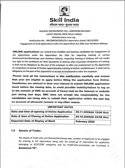 RRC NR Apprentice Recruitment 2025