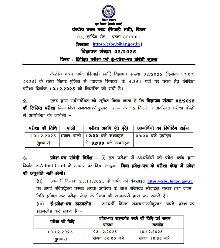 Bihar Police Driver Admit Card 2025